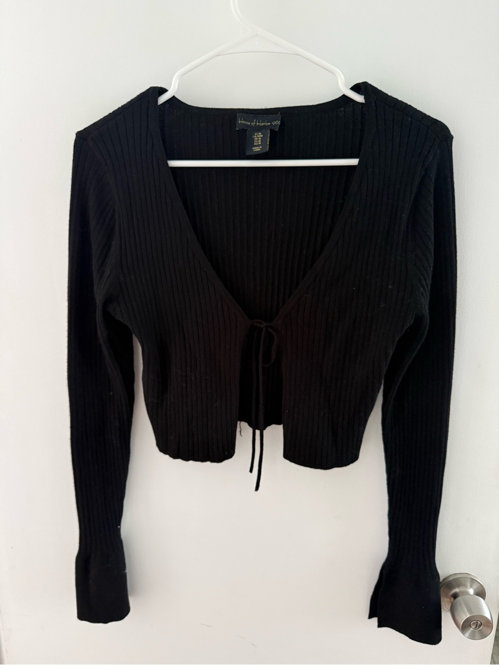House of Harlow 1960 Black Ribbed Tie-Front Crop Top cardigan
